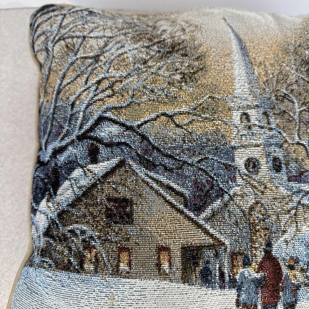 Vintage Christmas Embroidered Needlepoint Tapestry Church‎ Winter Scene Pillow